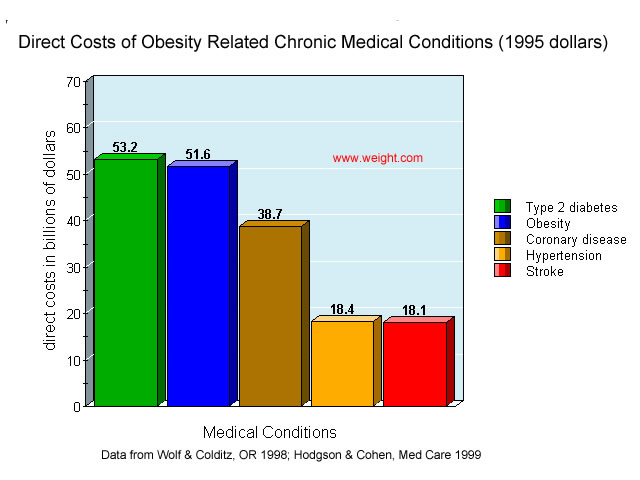 graph showing that in 1995 dollars, treatment of obesity complications of diabetes, stroke, hypertesnion, and coronary disease cost over 100 billion dollars